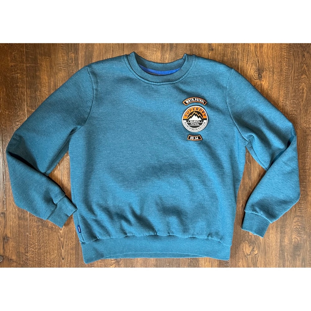 Superdry Mountain Patrol Sweatshirt Teal Blue Embroidered Patch Crewneck US 8
